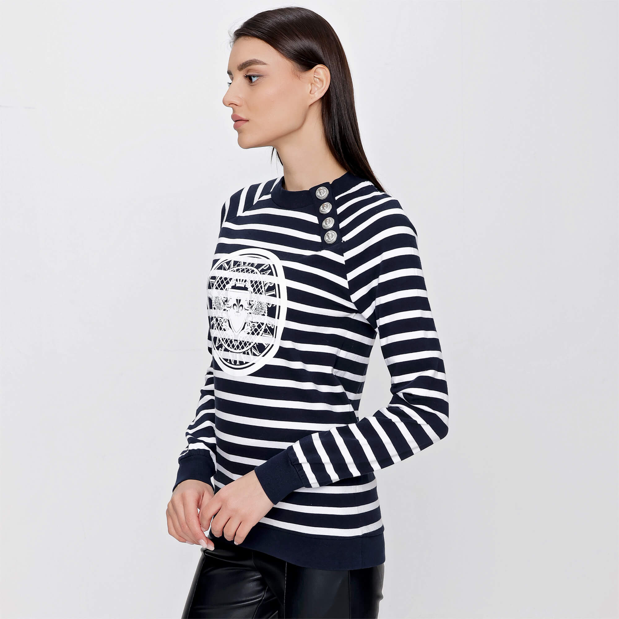 Balmain - Navy Cotton Logo Print Striped Sweatshirt With Silver Buttons